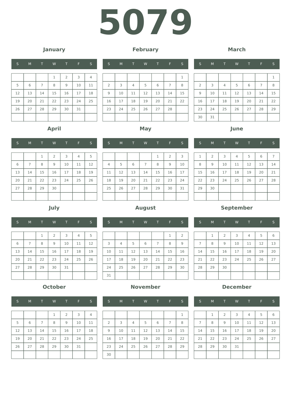Printable 5079 Year Calendars feldgrau