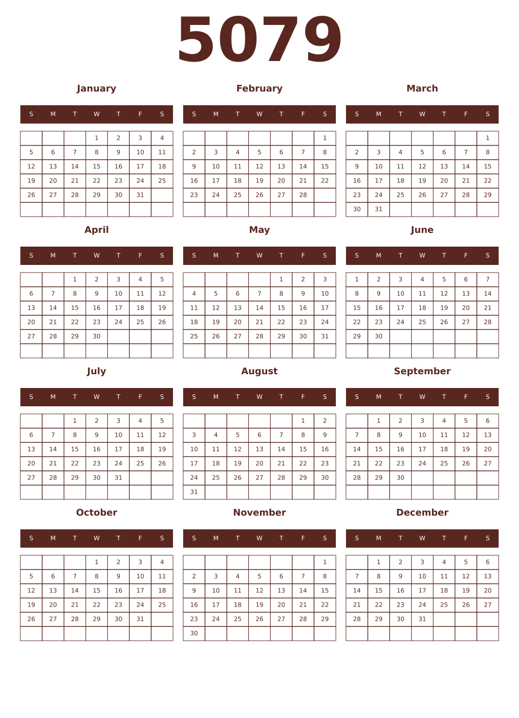 Printable 5079 Year Calendars mortuum