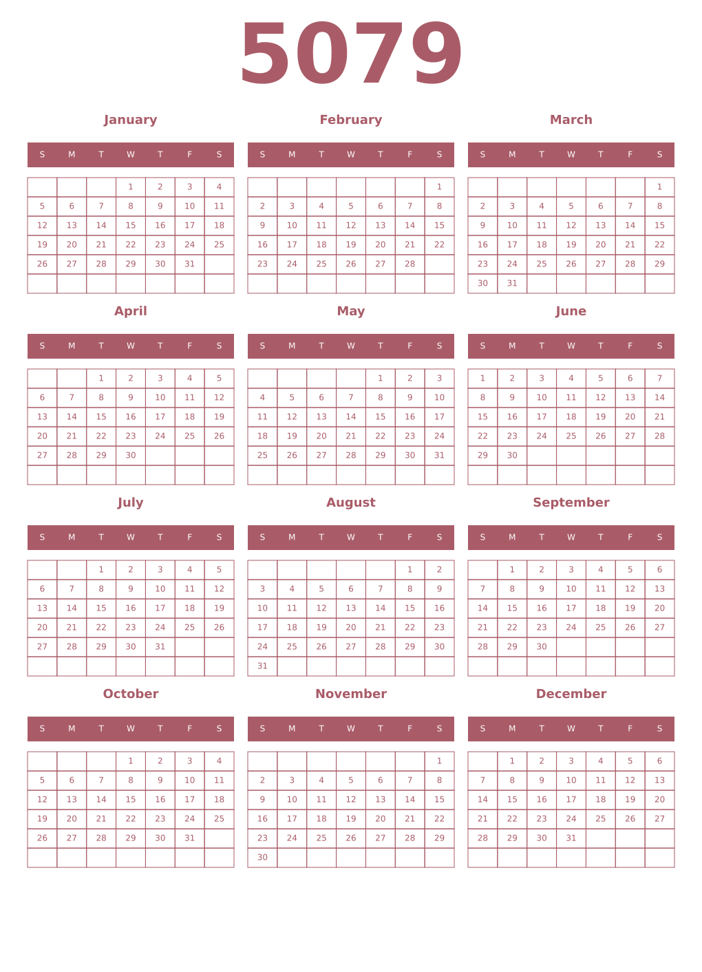 Printable 5079 Year Calendars puce