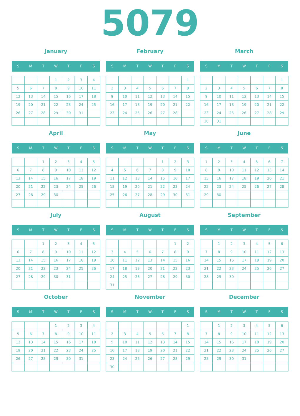 Printable 5079 Year Calendars verdigris