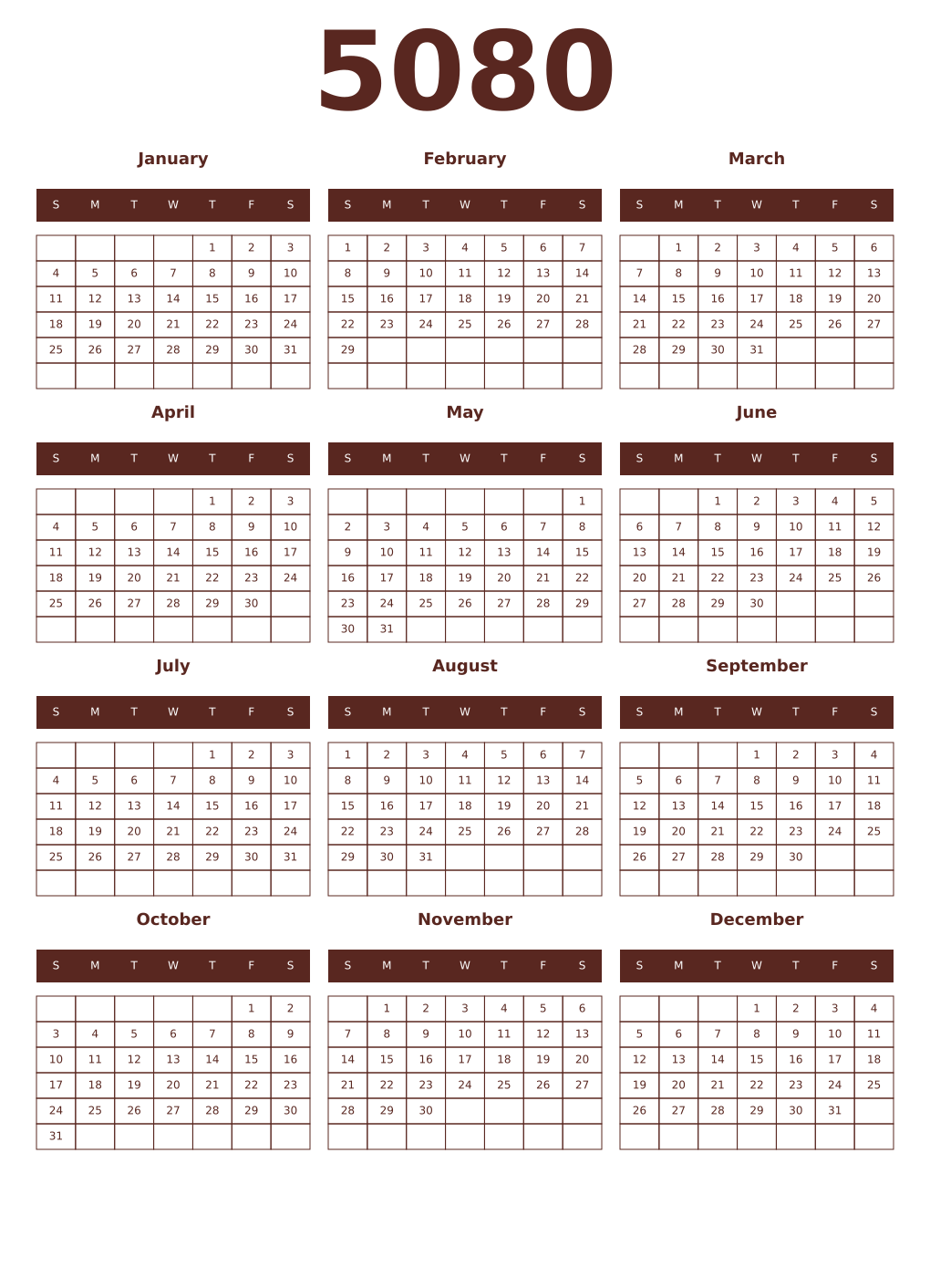 Printable 5080 Year Calendars mortuum