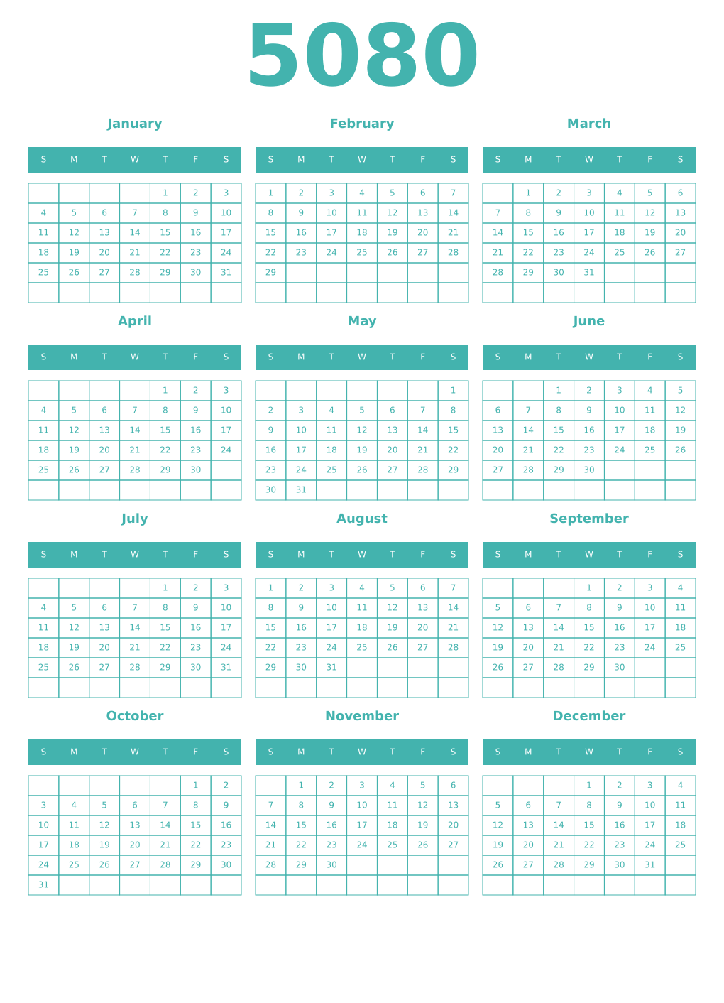 Printable 5080 Year Calendars verdigris