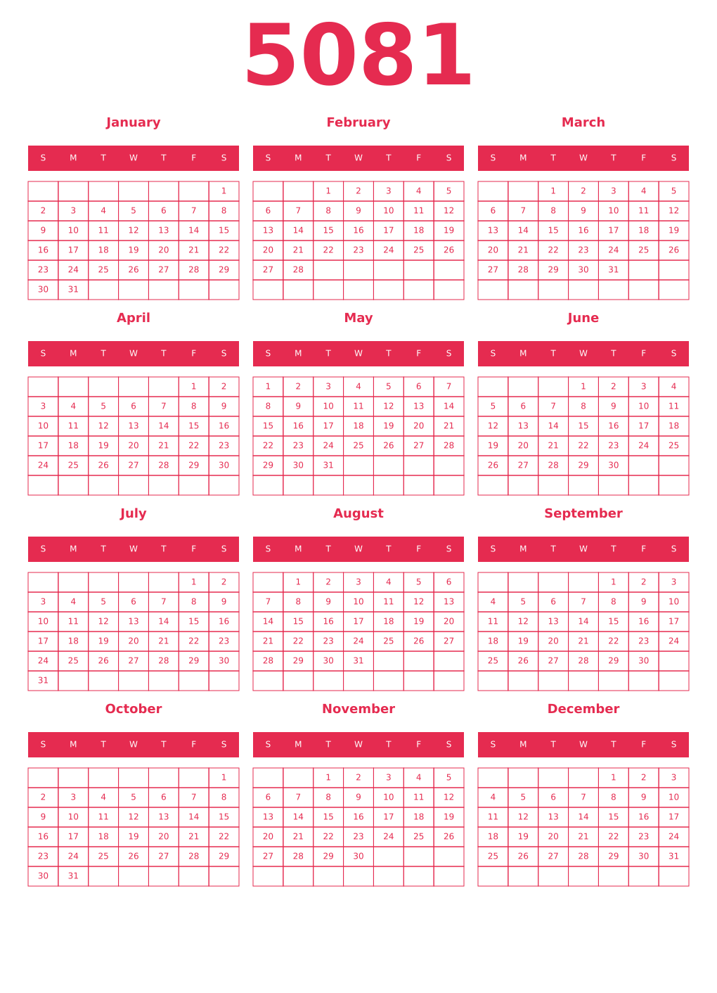 Printable 5081 Year Calendars amaranth