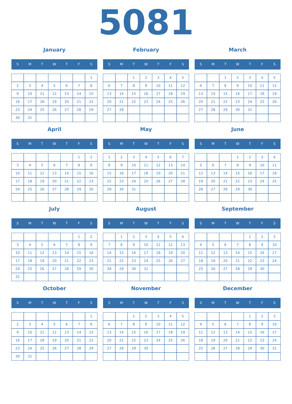 Printable 5081 Year Calendars blue