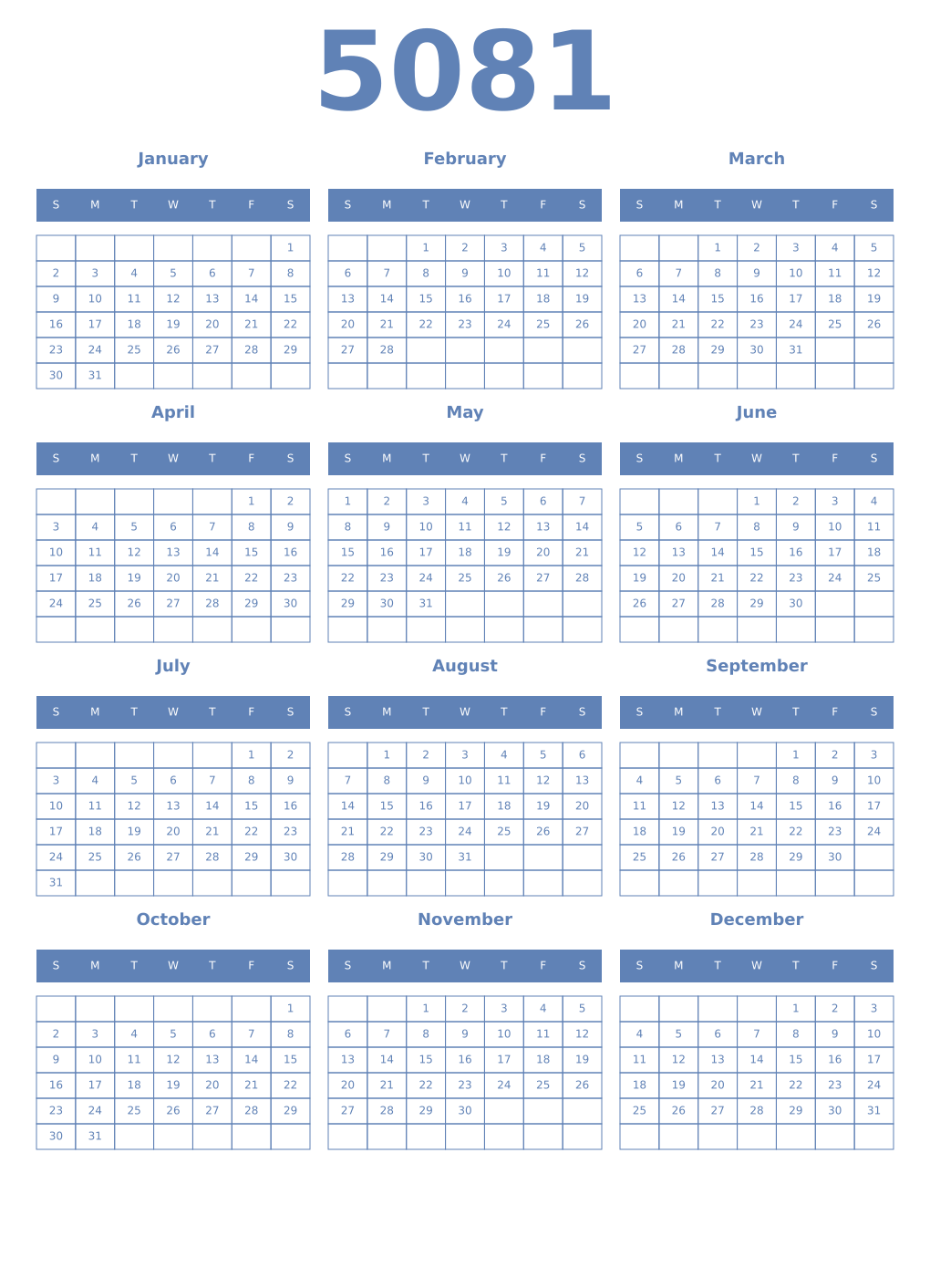 Printable 5081 Year Calendars glaucous