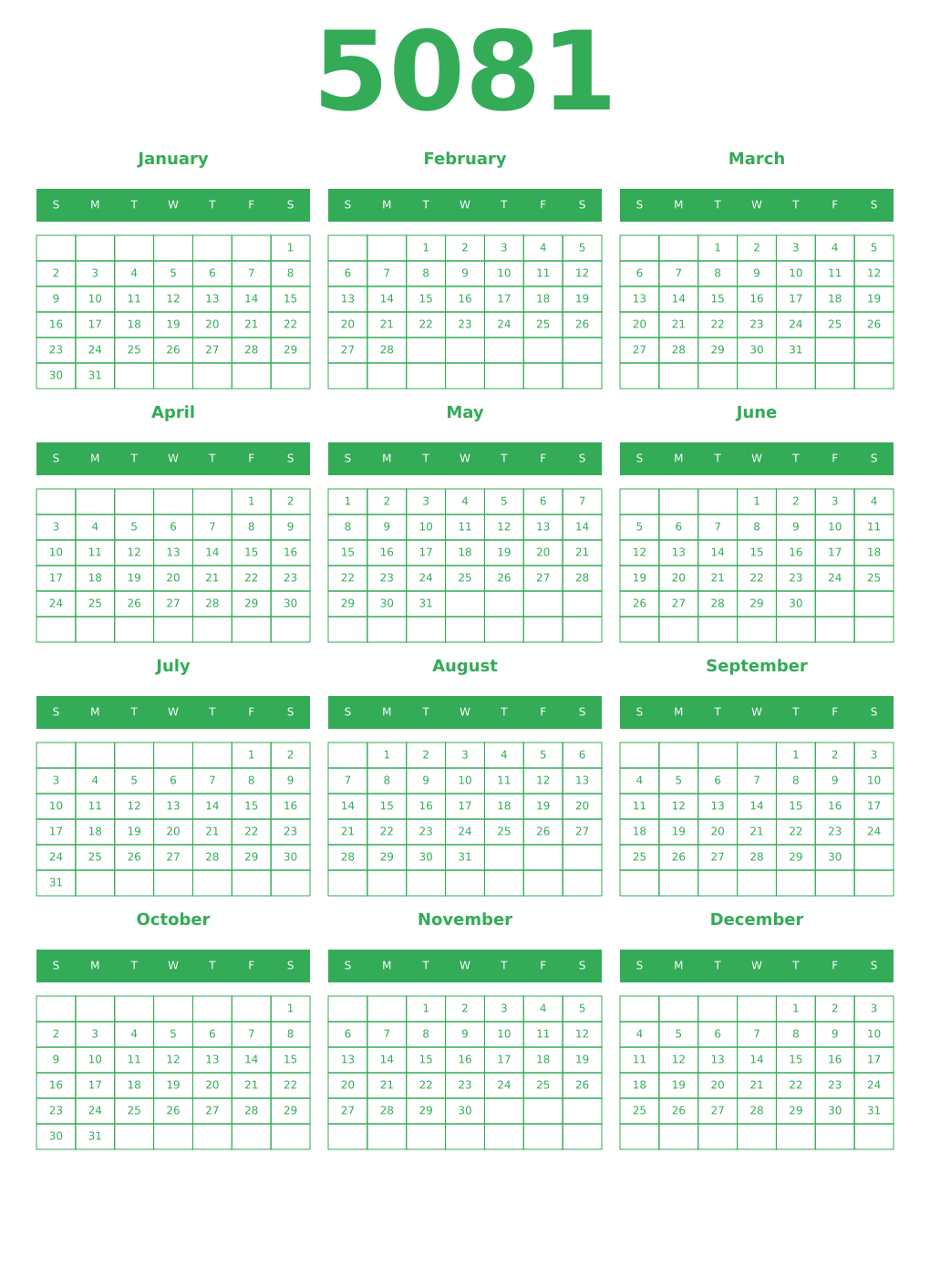 Printable 5081 Year Calendars green