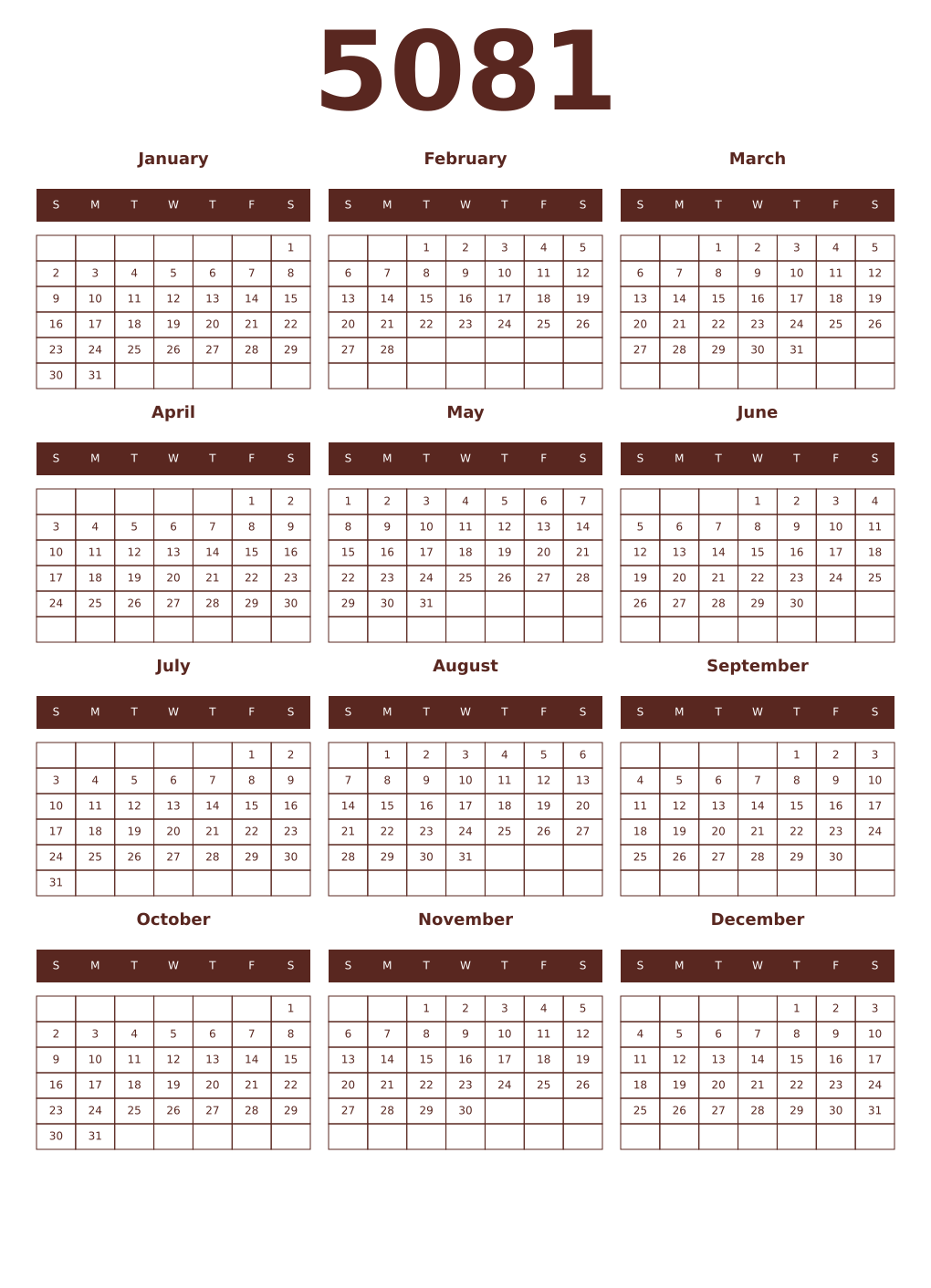 Printable 5081 Year Calendars mortuum