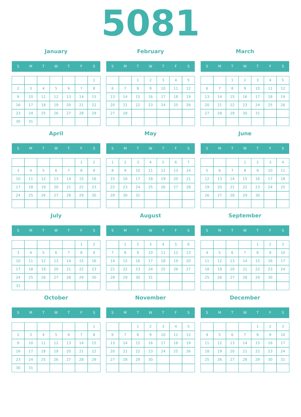 Printable 5081 Year Calendars verdigris