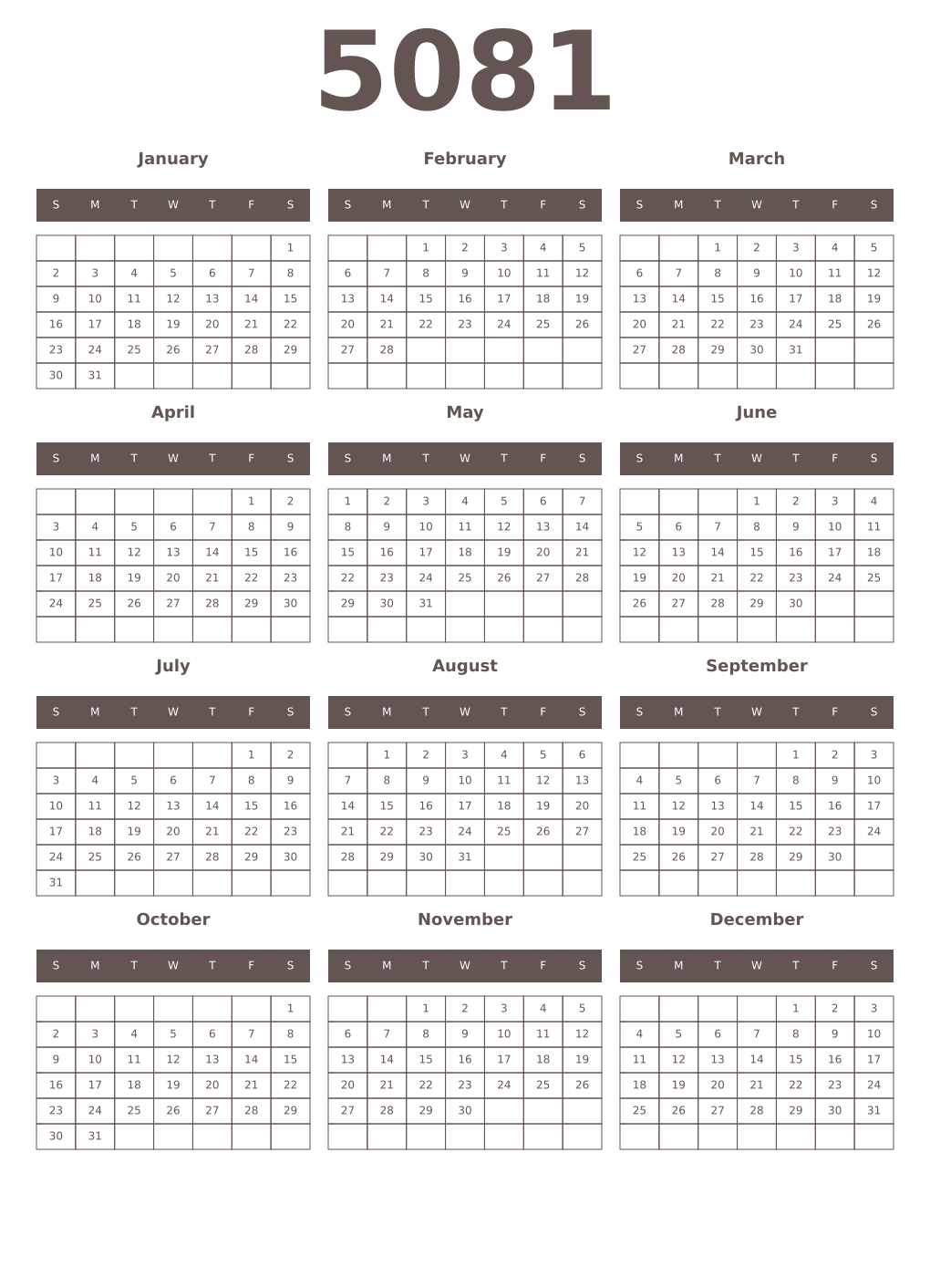 Printable 5081 Year Calendars wenge