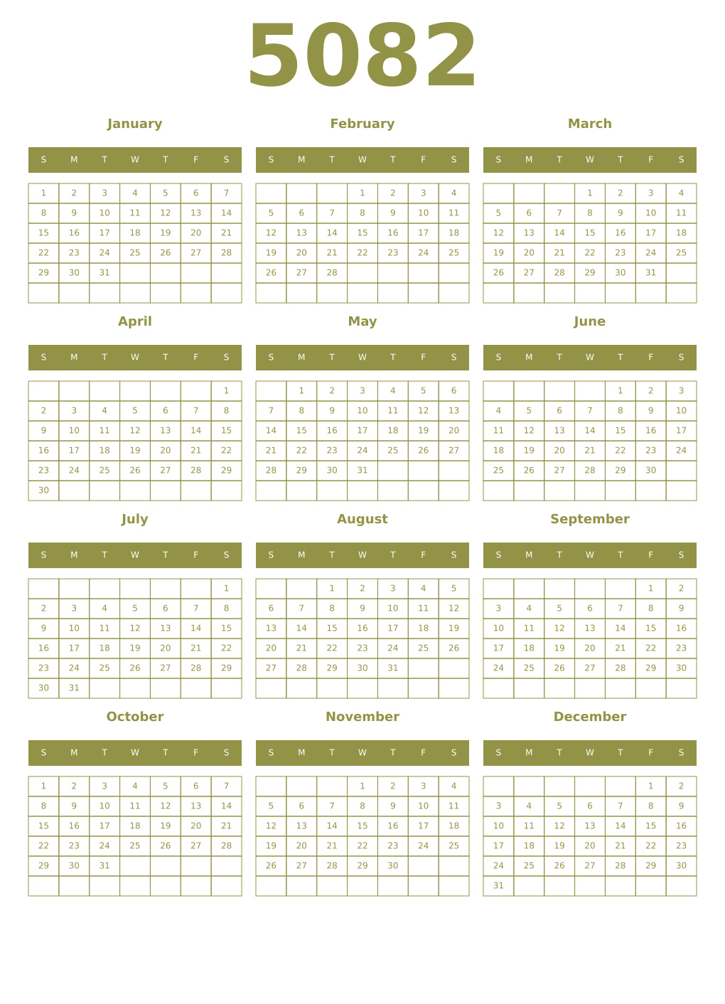 Printable 5082 Year Calendars eburnean