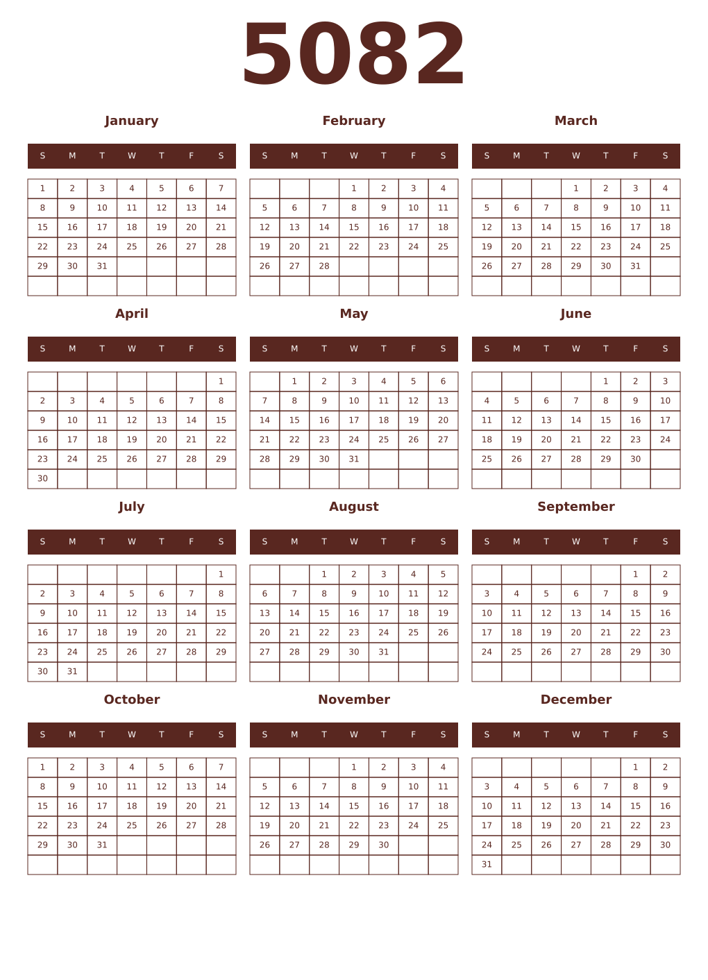 Printable 5082 Year Calendars mortuum