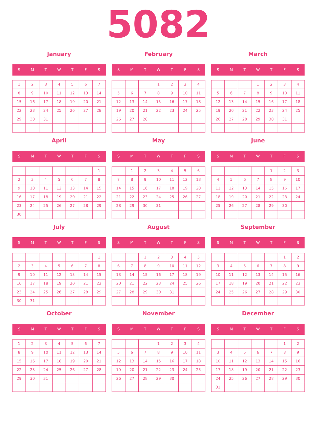 Printable 5082 Year Calendars pink