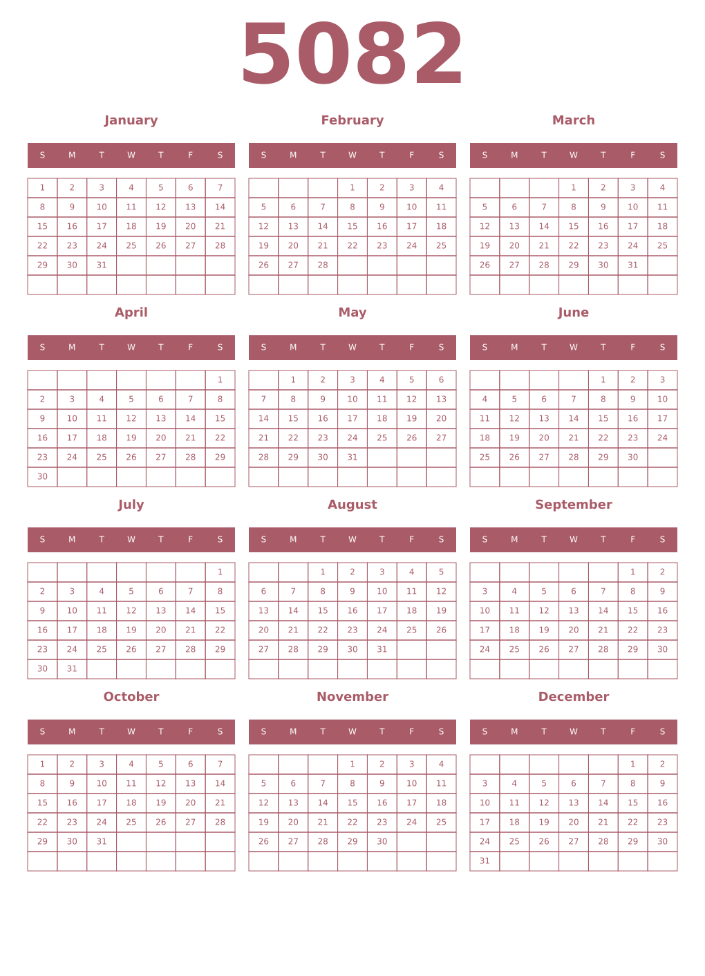 Printable 5082 Year Calendars puce