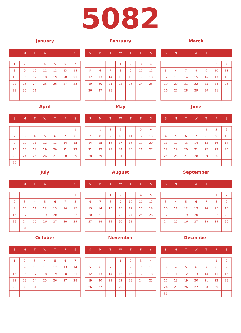 Printable 5082 Year Calendars red