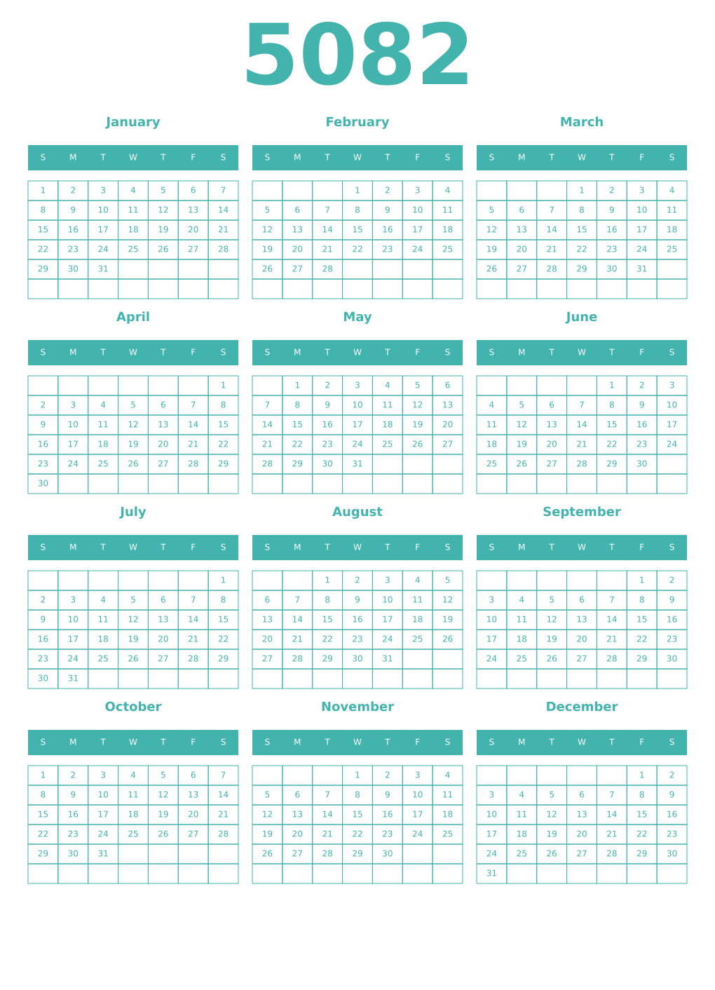 Printable 5082 Year Calendars verdigris