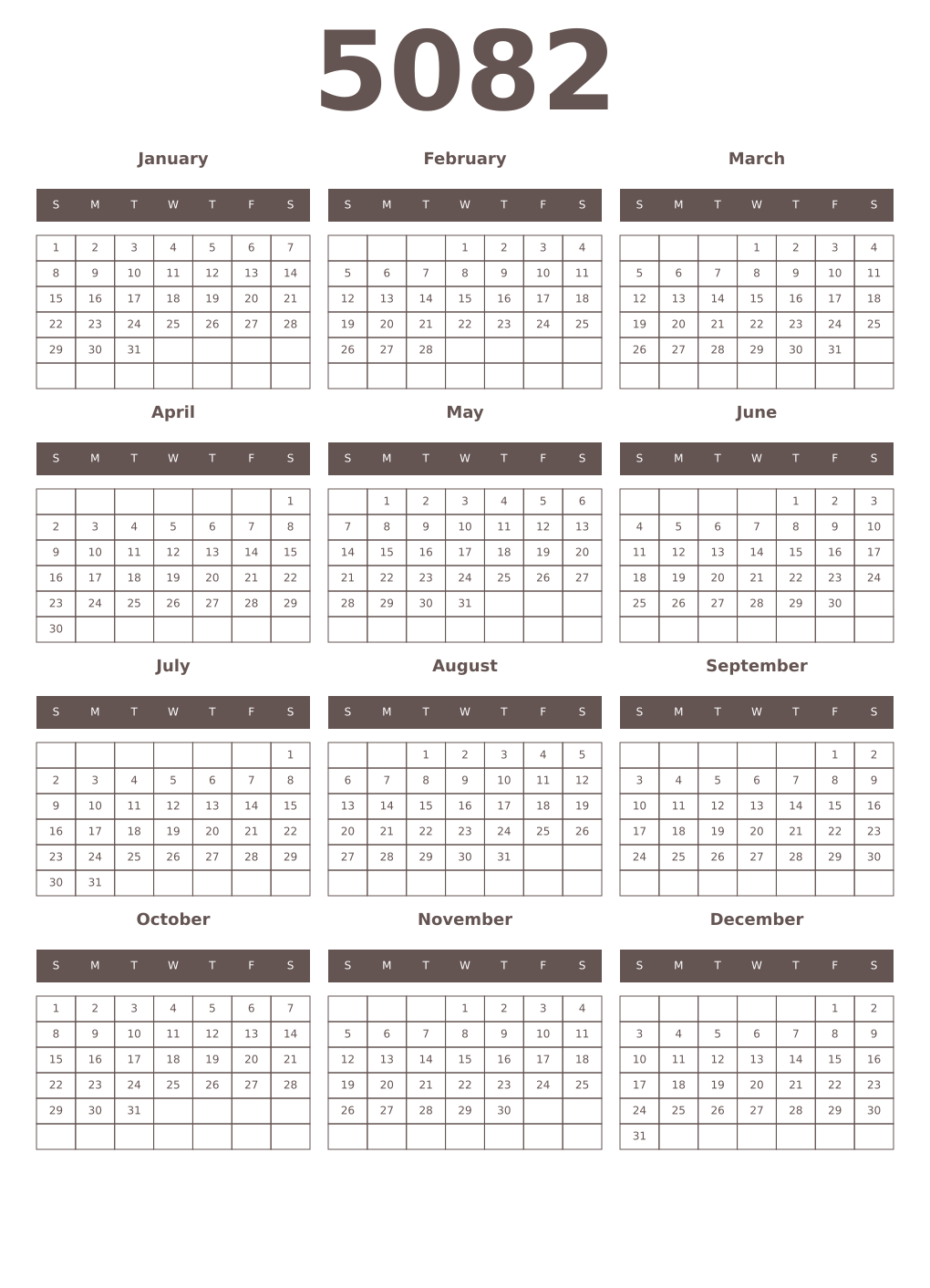 Printable 5082 Year Calendars wenge