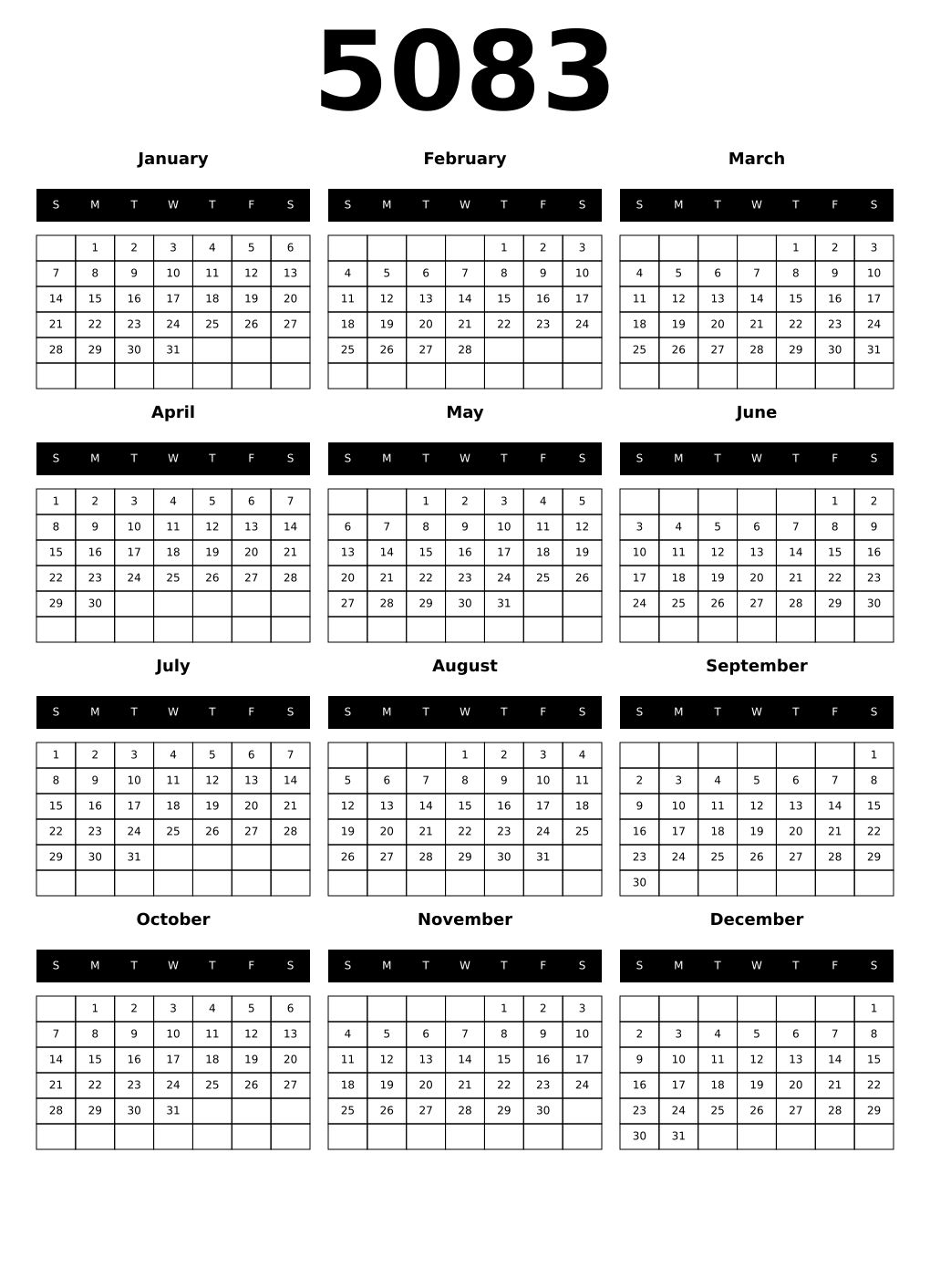 Printable 5083 Year Calendars black
