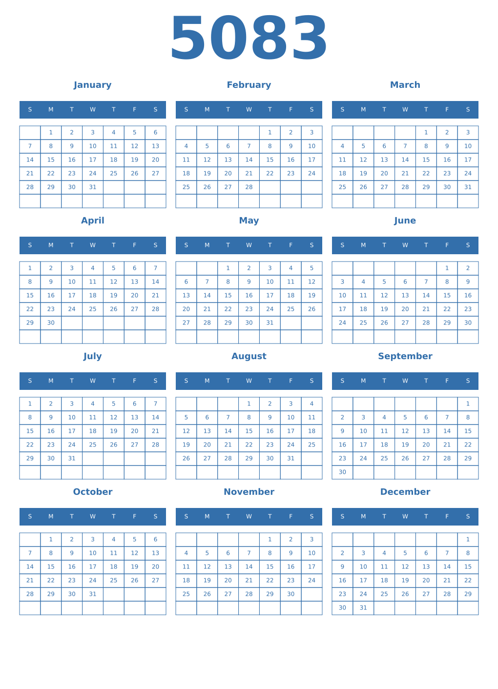Printable 5083 Year Calendars blue