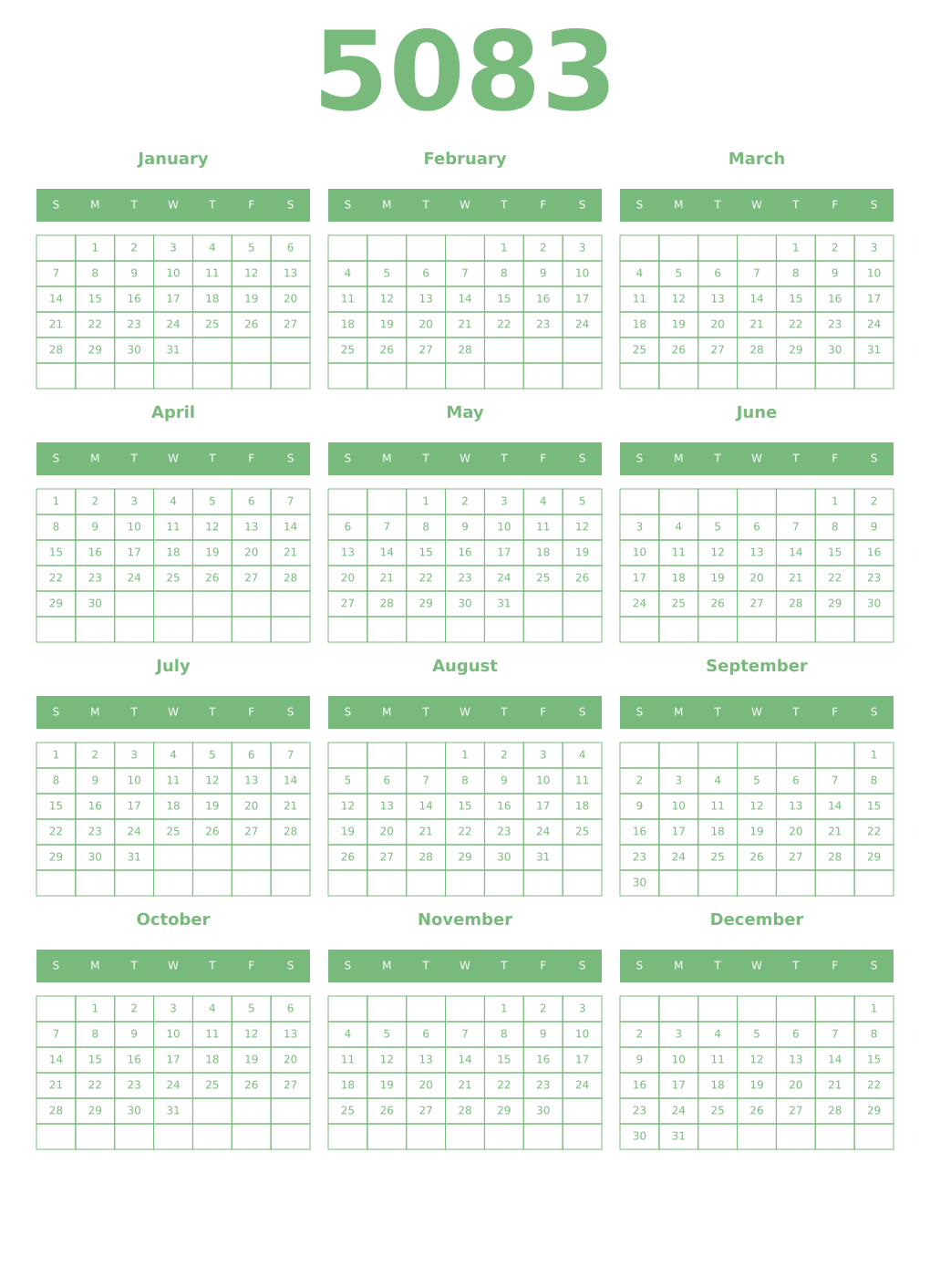 Printable 5083 Year Calendars celadon