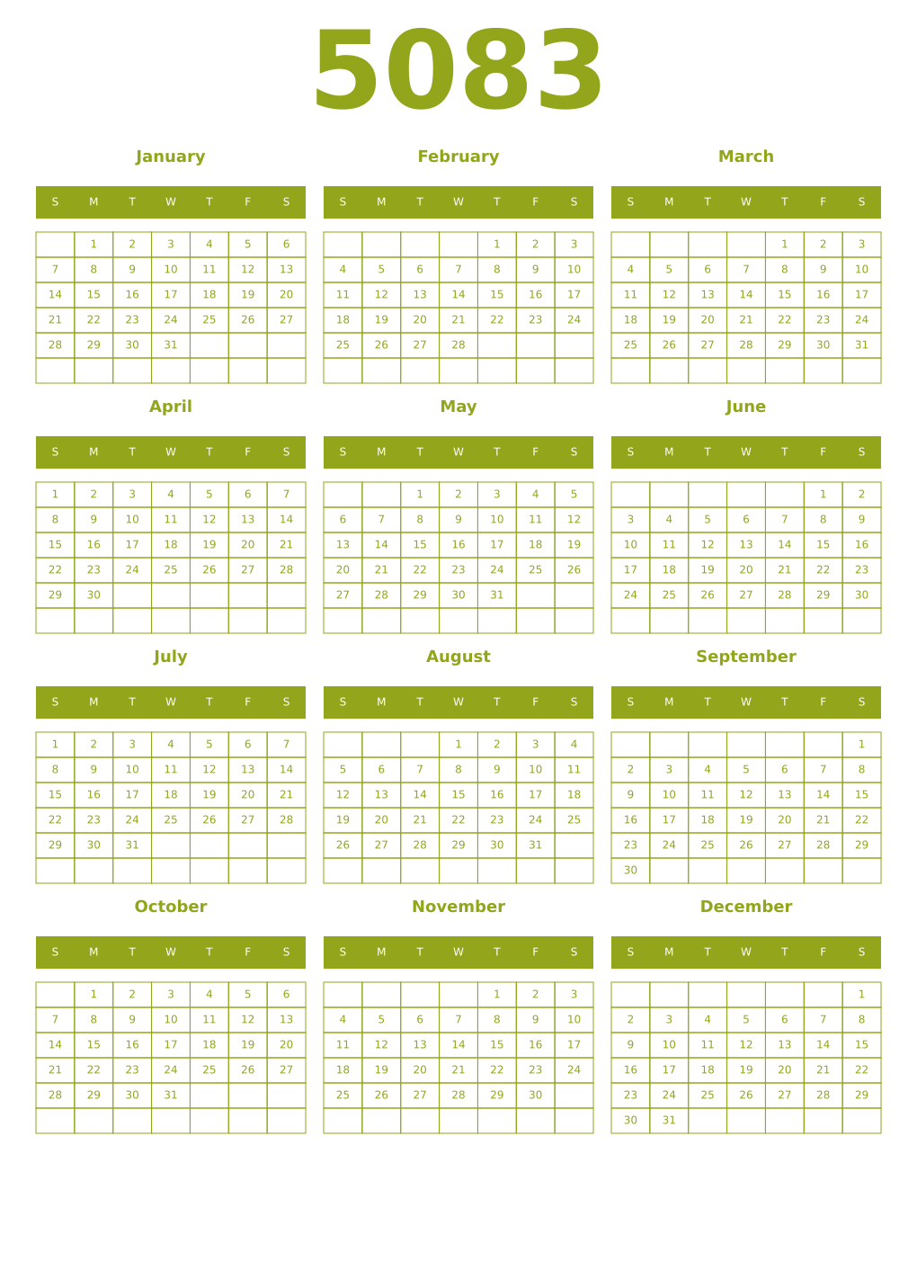 Printable 5083 Year Calendars chartreuse