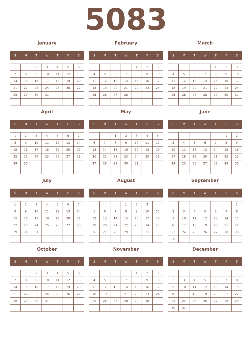 Printable 5083 Year Calendars coffe