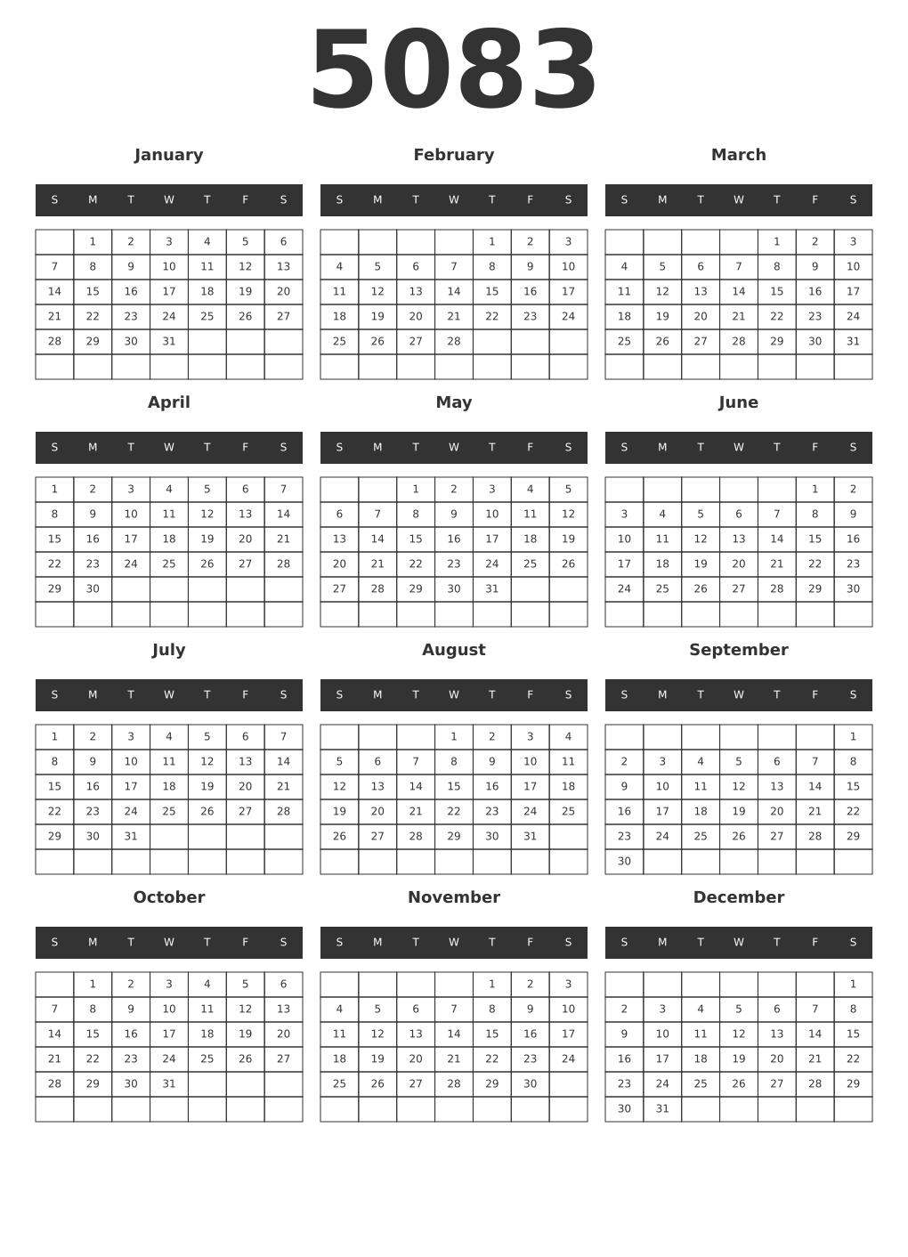 Printable 5083 Year Calendars dark