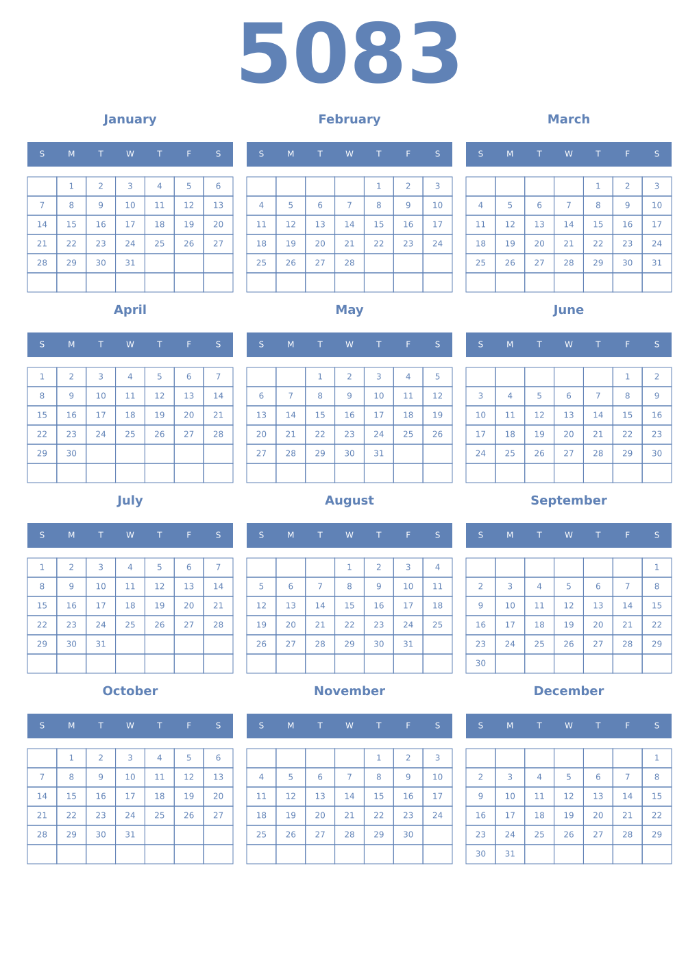 Printable 5083 Year Calendars glaucous