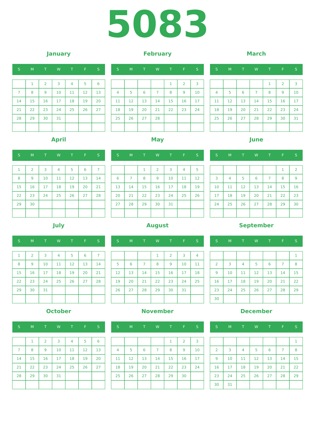 Printable 5083 Year Calendars green