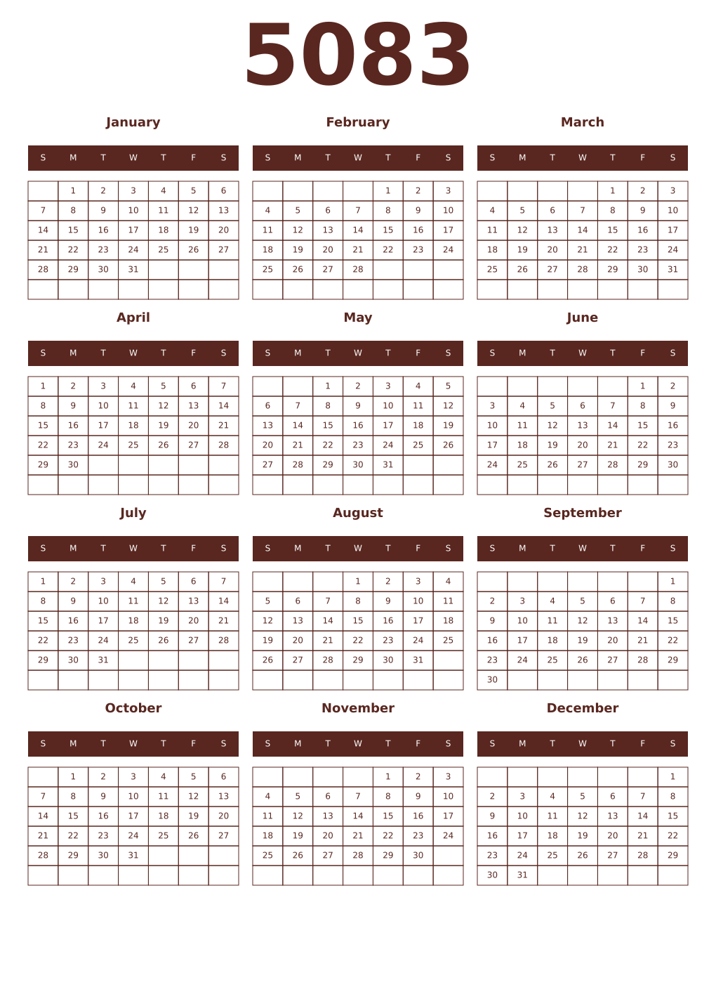 Printable 5083 Year Calendars mortuum