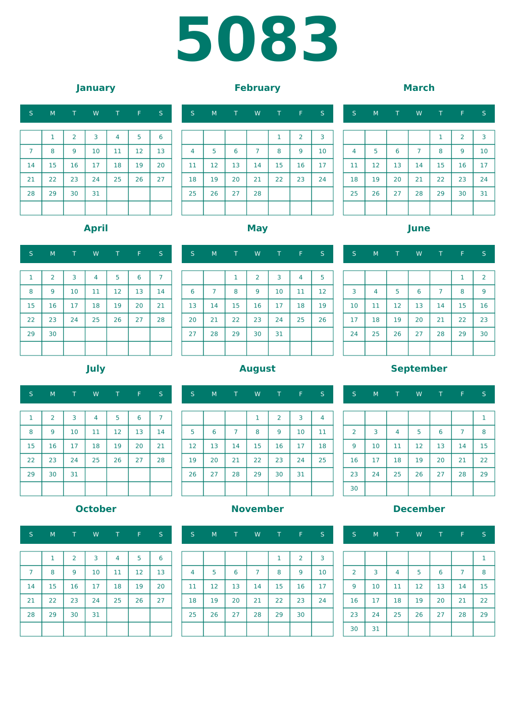 Printable 5083 Year Calendars pastel