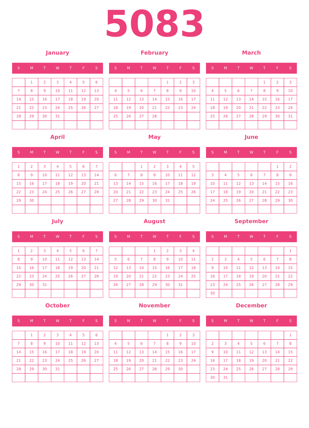 Printable 5083 Year Calendars pink