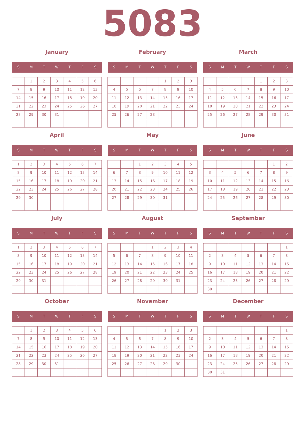 Printable 5083 Year Calendars puce