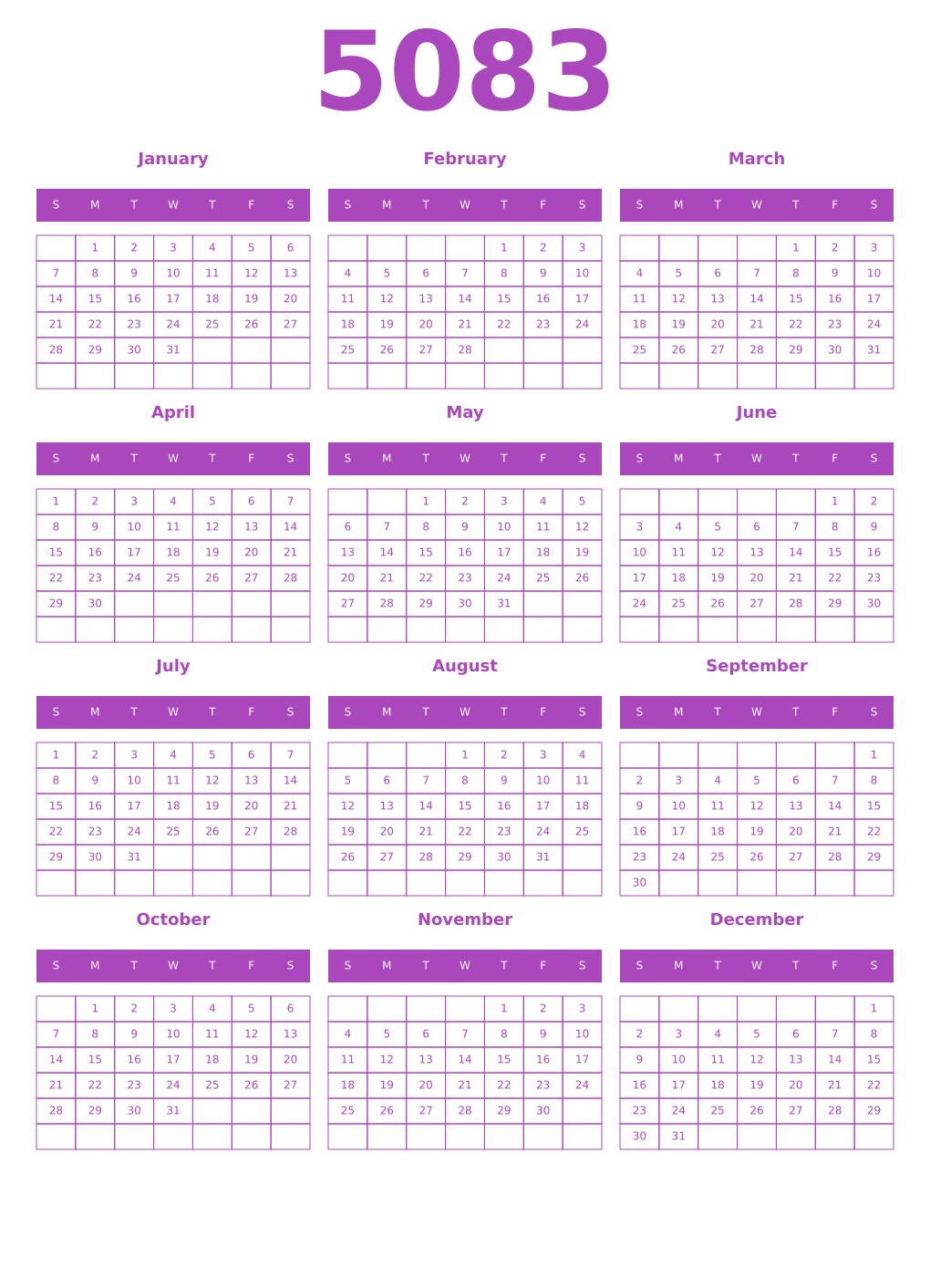 Printable 5083 Year Calendars purple