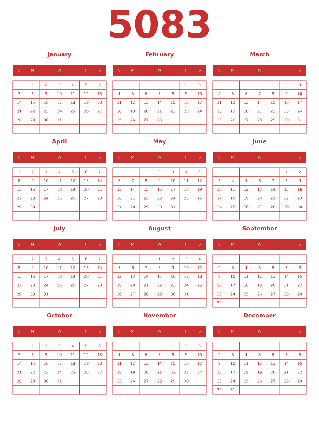 Printable 5083 Year Calendars red