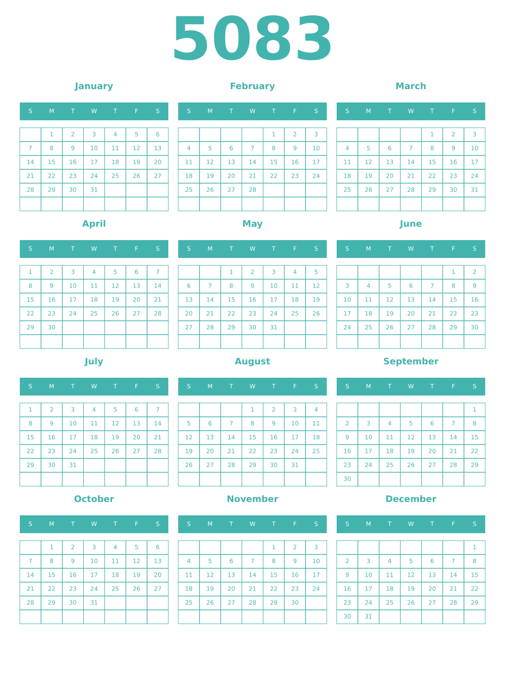 Printable 5083 Year Calendars verdigris