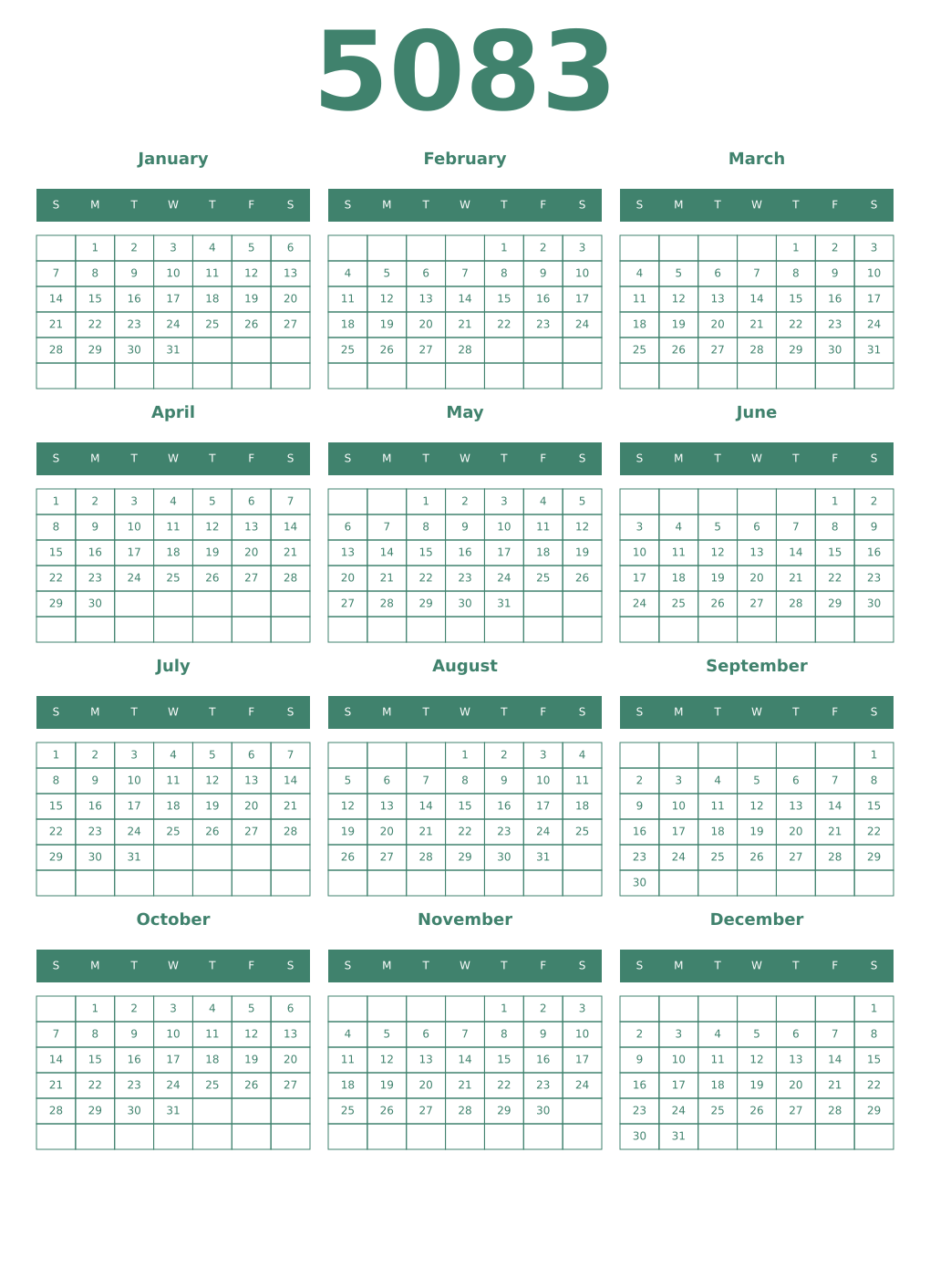 Printable 5083 Year Calendars viridian