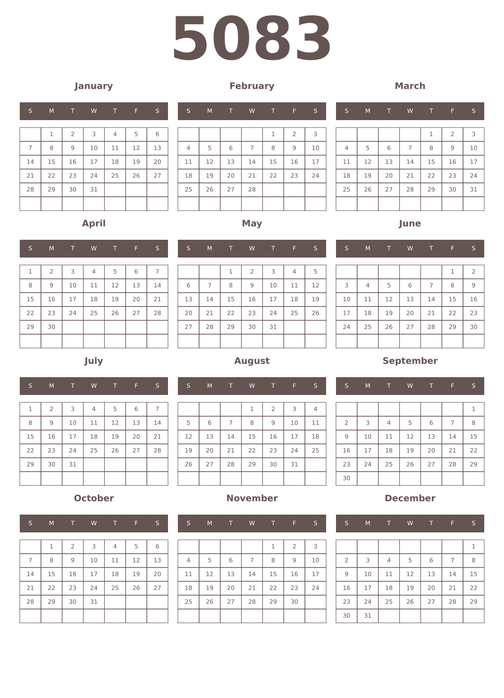 Printable 5083 Year Calendars wenge