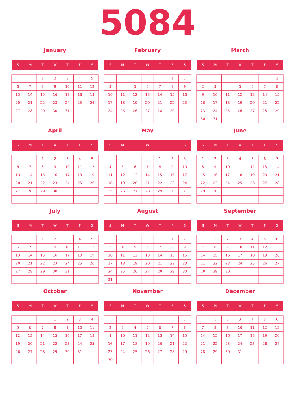 Printable 5084 Year Calendars amaranth