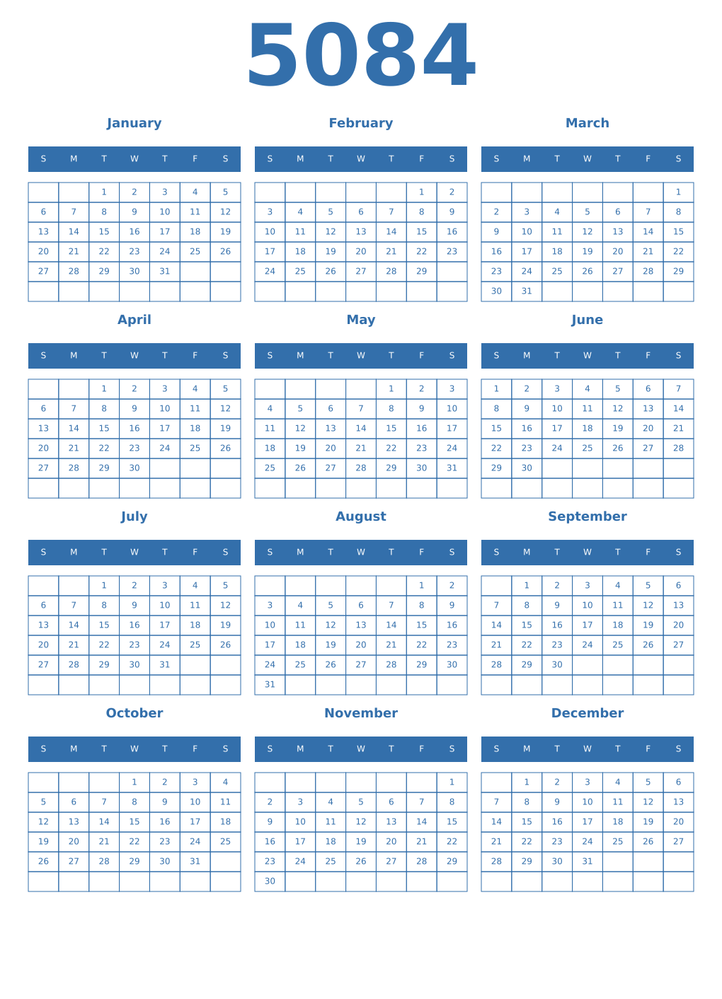 Printable 5084 Year Calendars blue
