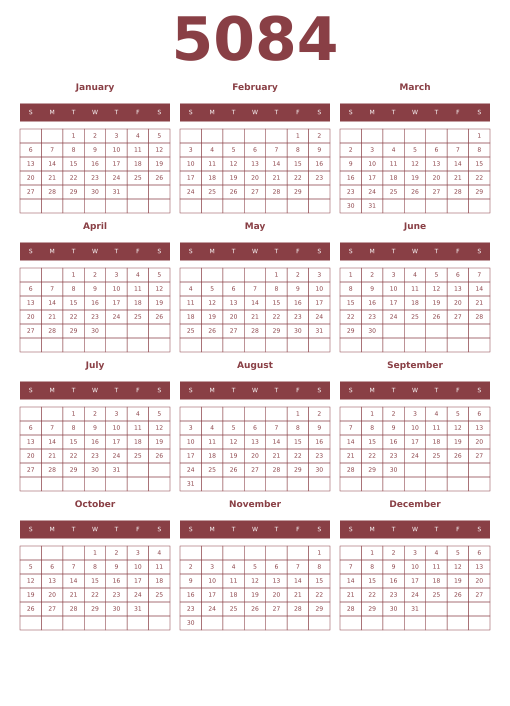 Printable 5084 Year Calendars cordovan
