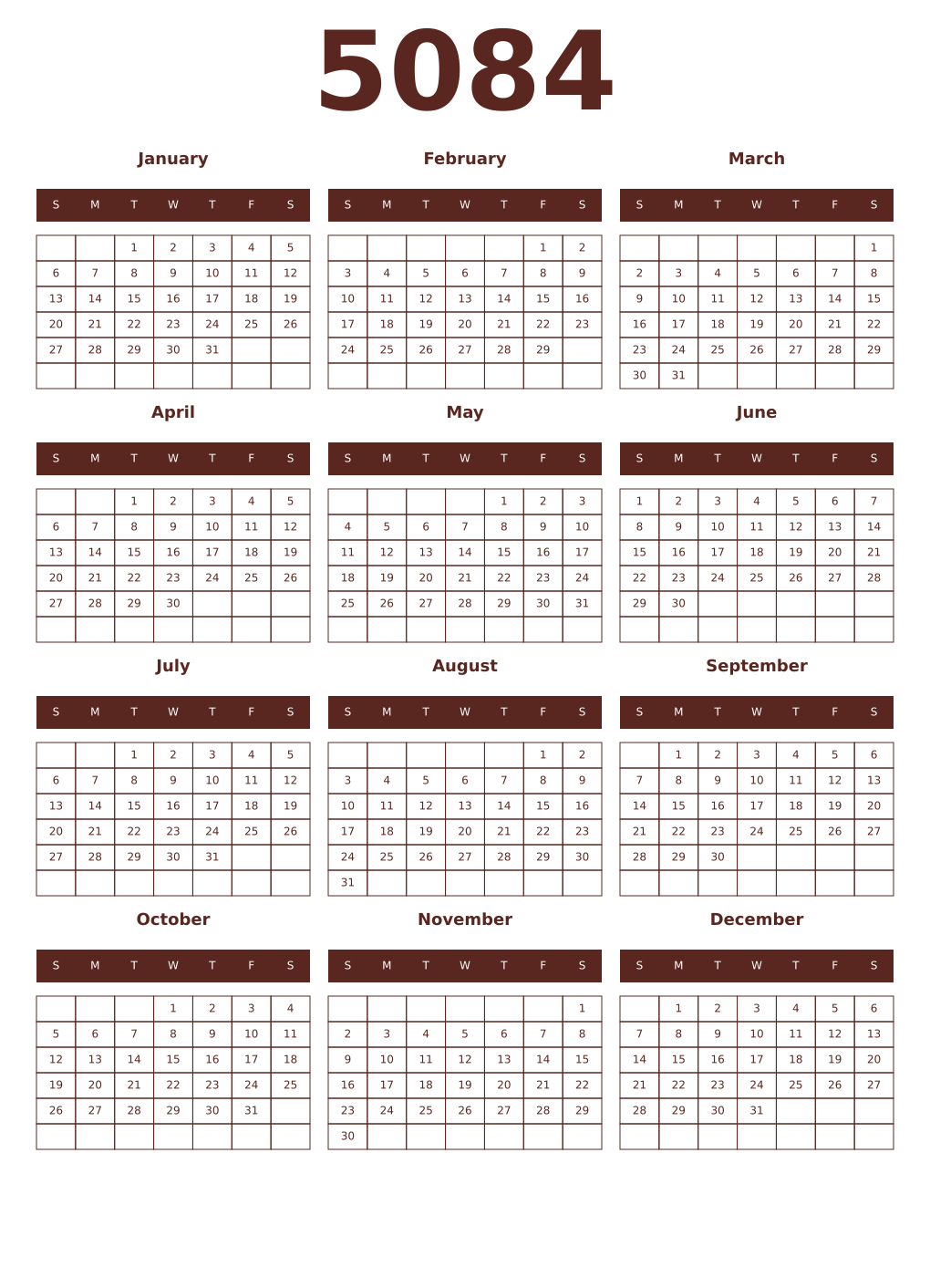 Printable 5084 Year Calendars mortuum