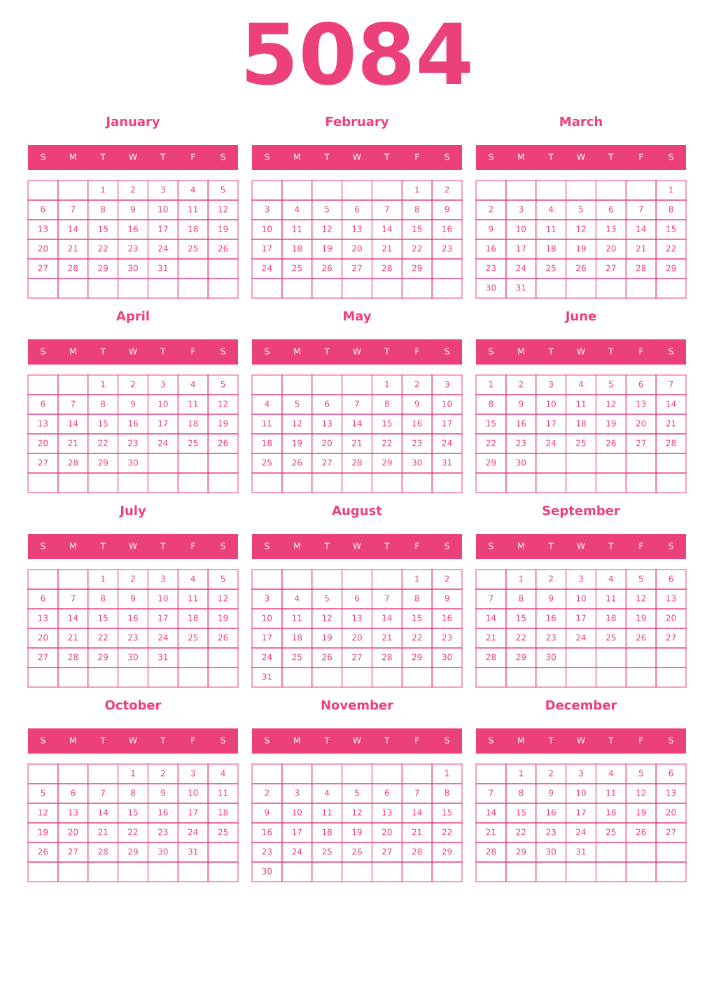 Printable 5084 Year Calendars pink