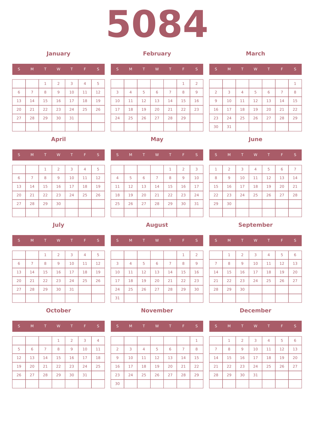Printable 5084 Year Calendars puce