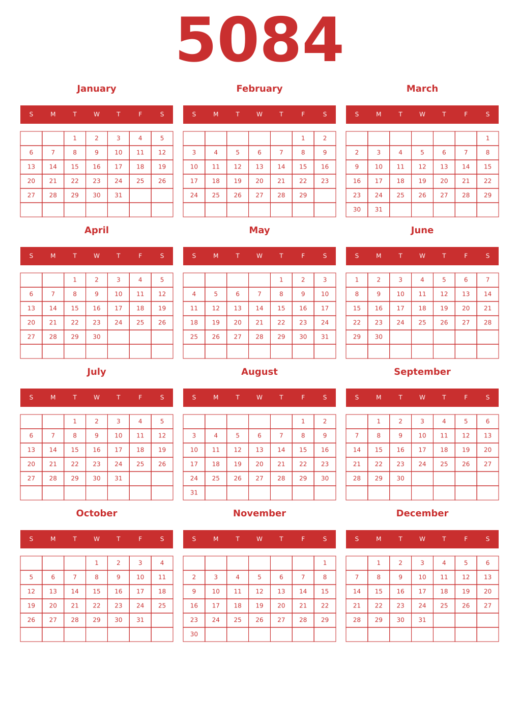 Printable 5084 Year Calendars red