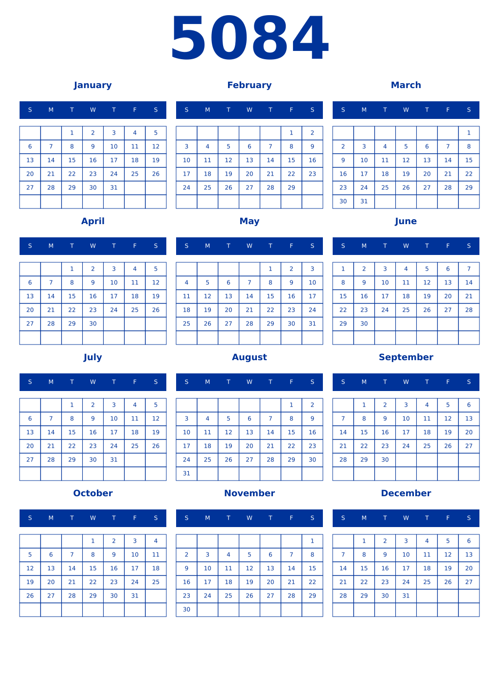 Printable 5084 Year Calendars smalt
