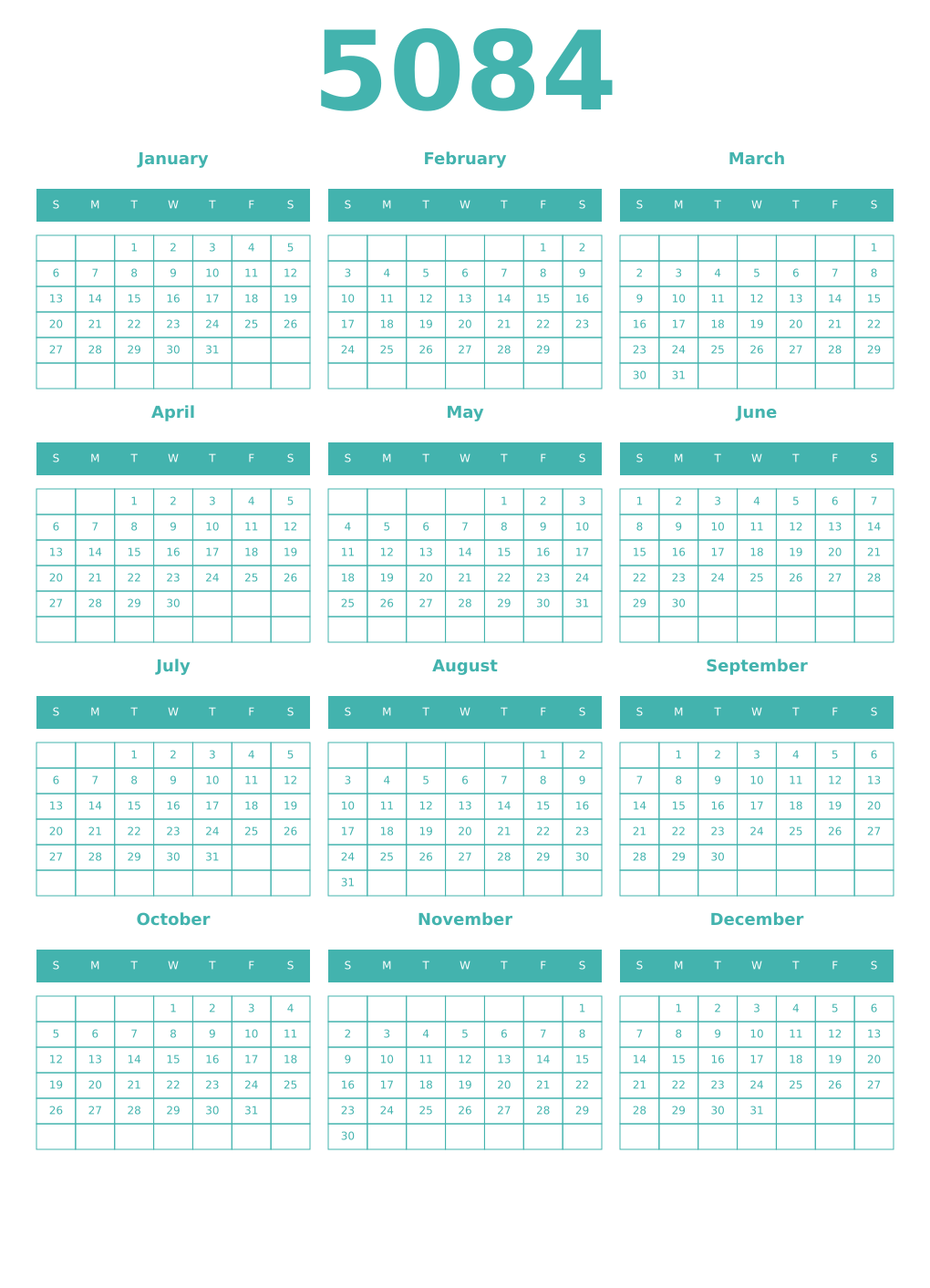 Printable 5084 Year Calendars verdigris