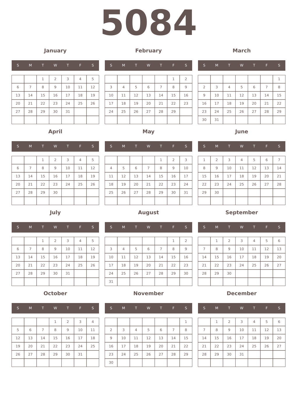 Printable 5084 Year Calendars wenge