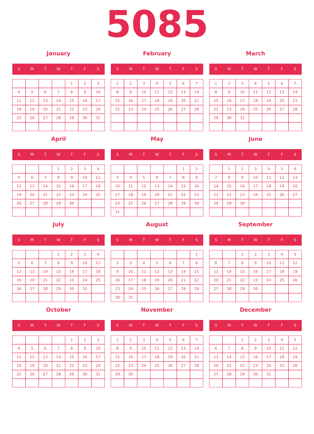 Printable 5085 Year Calendars amaranth
