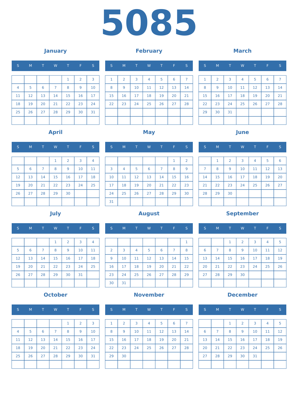 Printable 5085 Year Calendars blue