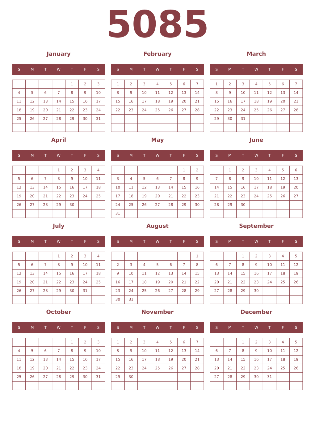 Printable 5085 Year Calendars cordovan